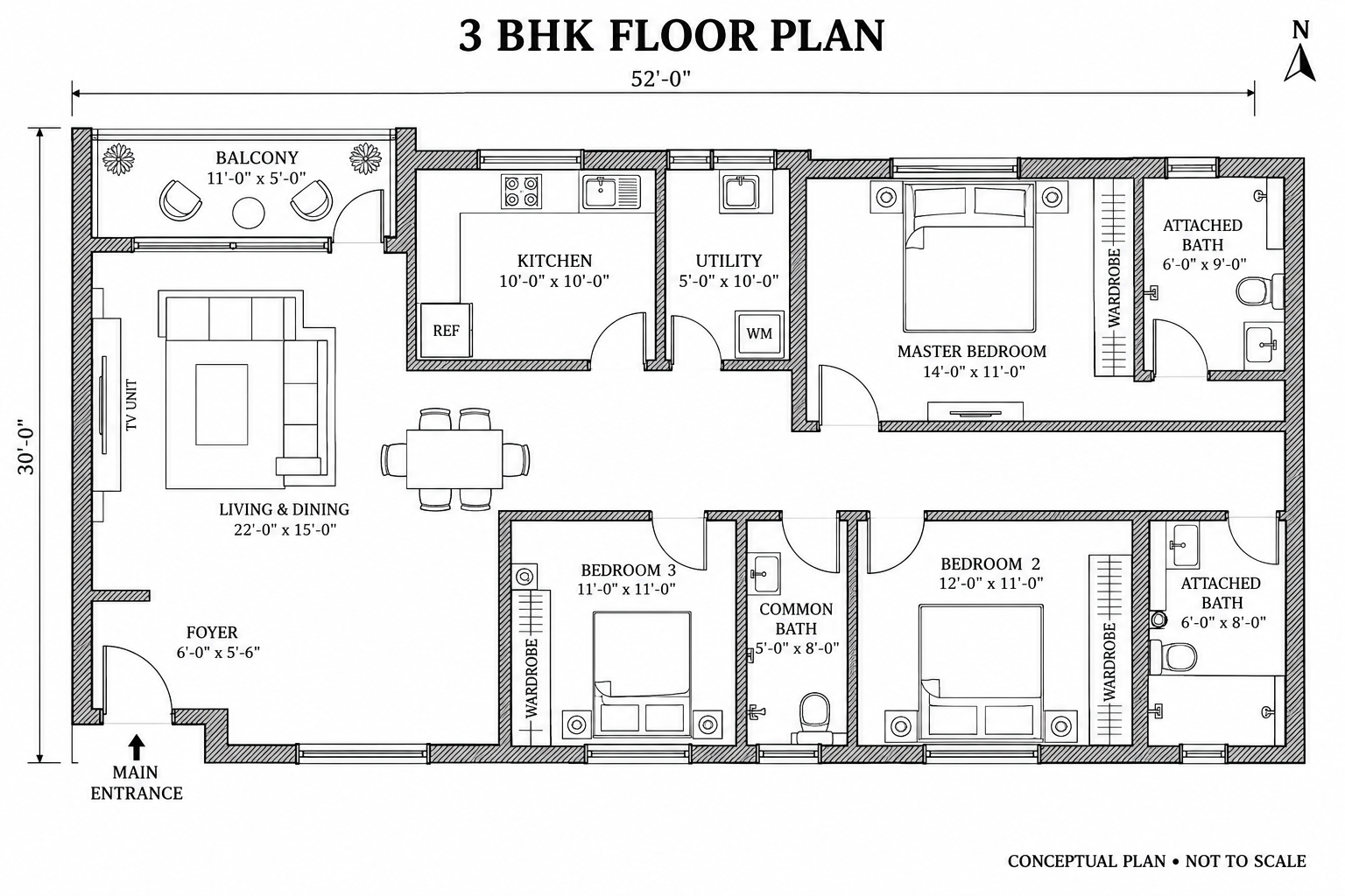 3 BHK floor plan preview